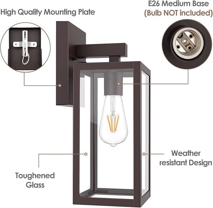 MAXvolador Outdoor Wall Lantern, Exterior Waterproof Wall Sconce Light Fixture, Dark Chocolate Anti-Rust Mount Lights Glass, E26 Porch Patio Lighting | Porch Wall Sconce Dark Chocolate, Anti-Rust, E26 Socket, Clear Glass, Outside Wall Mount Light, Fron...