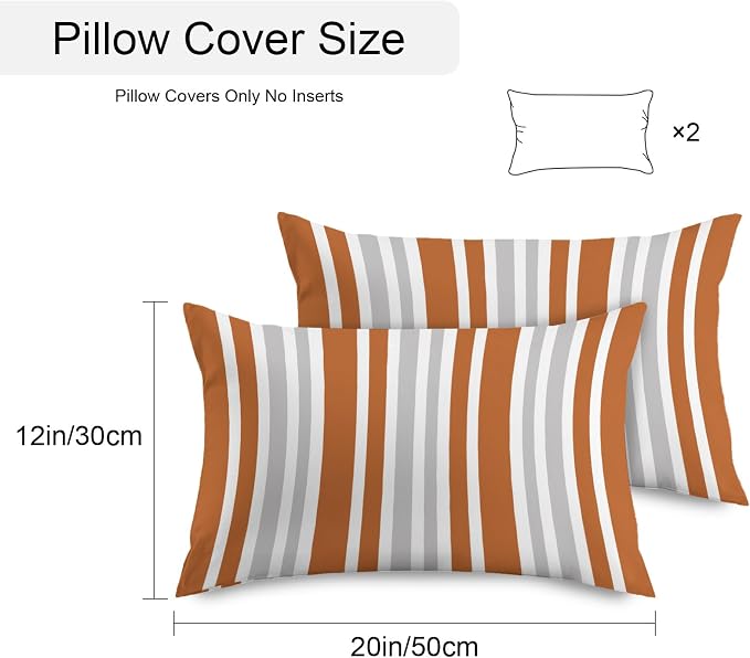 Burnt Orange Grey Stripe Outdoor Pillow Covers 20x12 Inch Lumbar Pillow Covers Set of 2 Waterproof Decorative Throw Pillow Cases Farmhouse Minimalist Striped Cushion Covers for Patio Furniture Garden