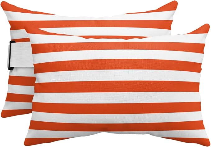 T&H XHome Outdoor Pillow for Chaise Lounge Chair, Orange and White Stripes Waterproof Headrest Pillow Lumbar Pillows with Adjustable Elastic Strap for Beach, Poolside, Patio, Office (2 Pack)