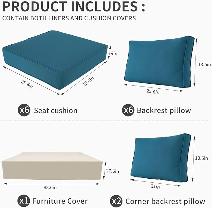 Valita Outdoor Furniture Replacement Cushions, Fits 6-seat Sectional Rattan Conversation Set, Patio Water-Resistant Replacement Sofa Cushions, Liner&Cover (Peacock Blue)