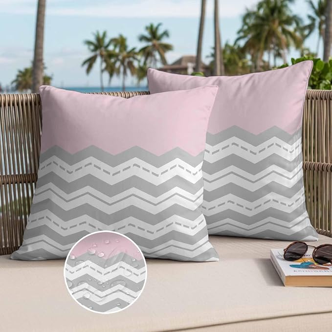 Grey Chevron Waterproof Outdoor Pillow Covers Set of 2 Home Decor, Geometric Pink Print Wavy Striped White Pillowcase Patio Pillow Covers for Couch Bench Furniture Garden 20x20in