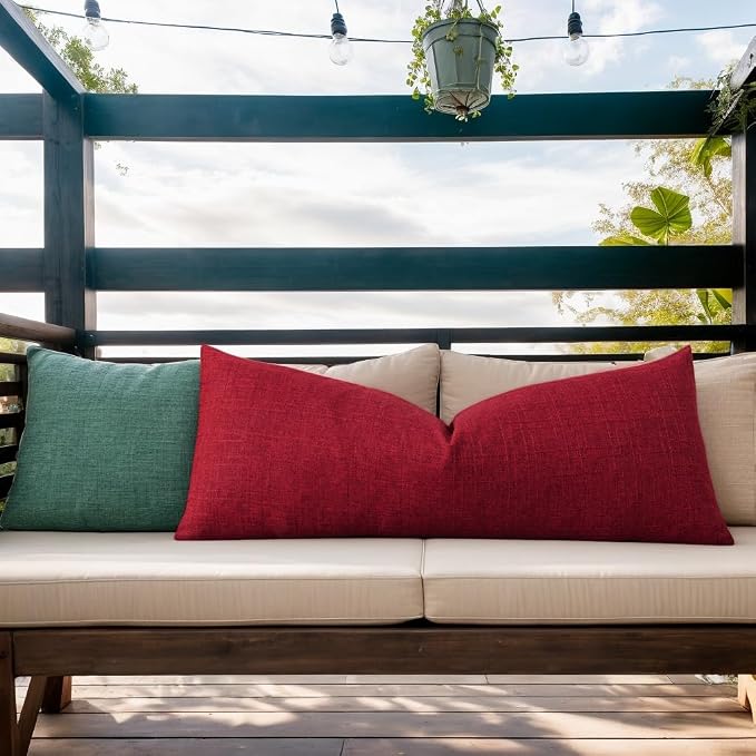 Kevin Textile Outdoor Waterproof 14”x36” Lumbar Pillow Cover 1 Pack, Red | Water Resistant, Soft Faux Linen-cotton Yarn-dyed Woven Texture Throw Pillow Covers for Tent Patio Garden Couch Sofa