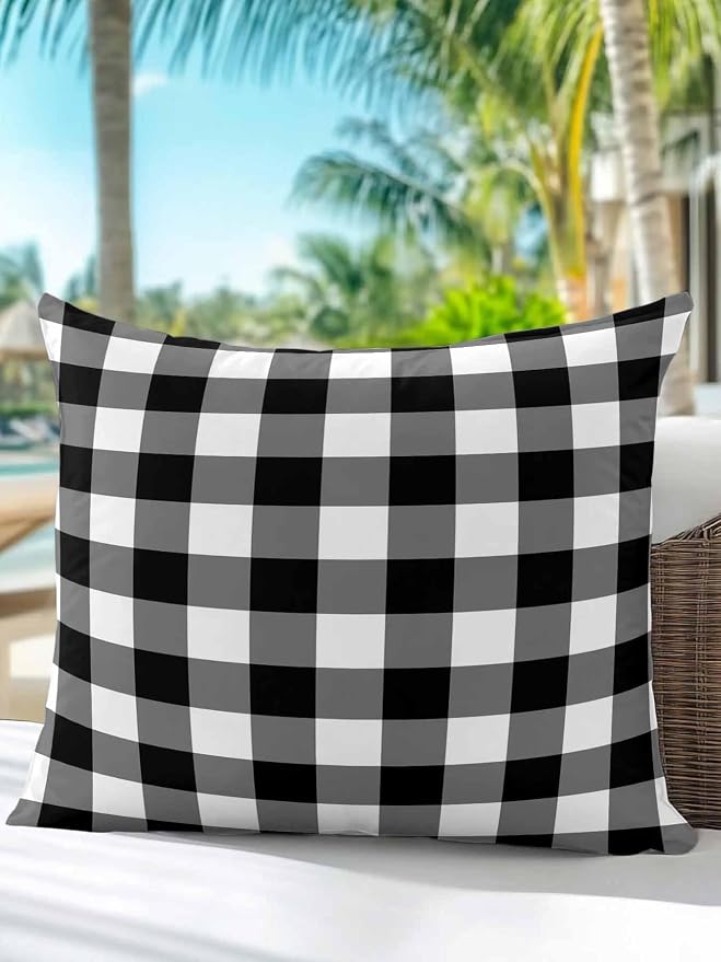 Waterproof Outdoor Pillow 1 Pack Black Buffalo Plaid Decorative Throw Pillows Cover & Insert 18x18 Inch Pillowcase Check Lines Square Pillows for Couch Sofa Bed Patio Furniture Indoor Outdoor
