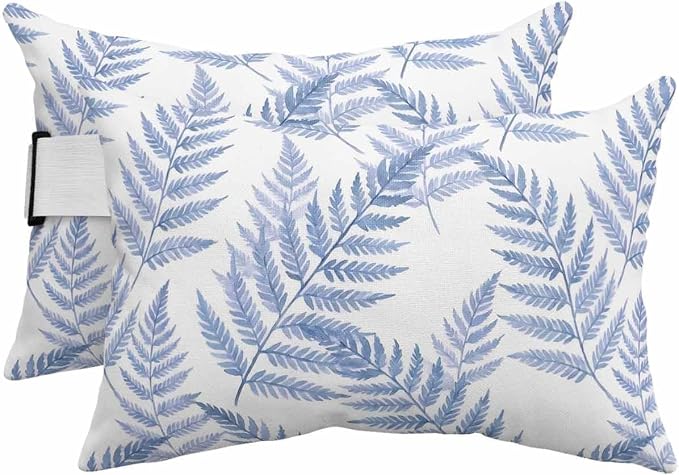 Lumbar Pillow Covers Set of 2, Blue Ferns Waterproof Outdoor Chaise Lounge Pillow Covers with Elastic Strap, Spring Summer Botanical Leaves Headrest Pillowcase for Patio, 12 x 20