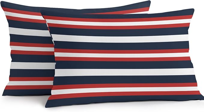 Red Navy Blue Striped Outdoor Pillow Covers Waterproof, All Weather Cushion Case Set of 2, Contemporary Minimalist Aesthetic Lumbar Pillowcase for Sofa Couch Bed Decor Patio Furniture 20"x12"