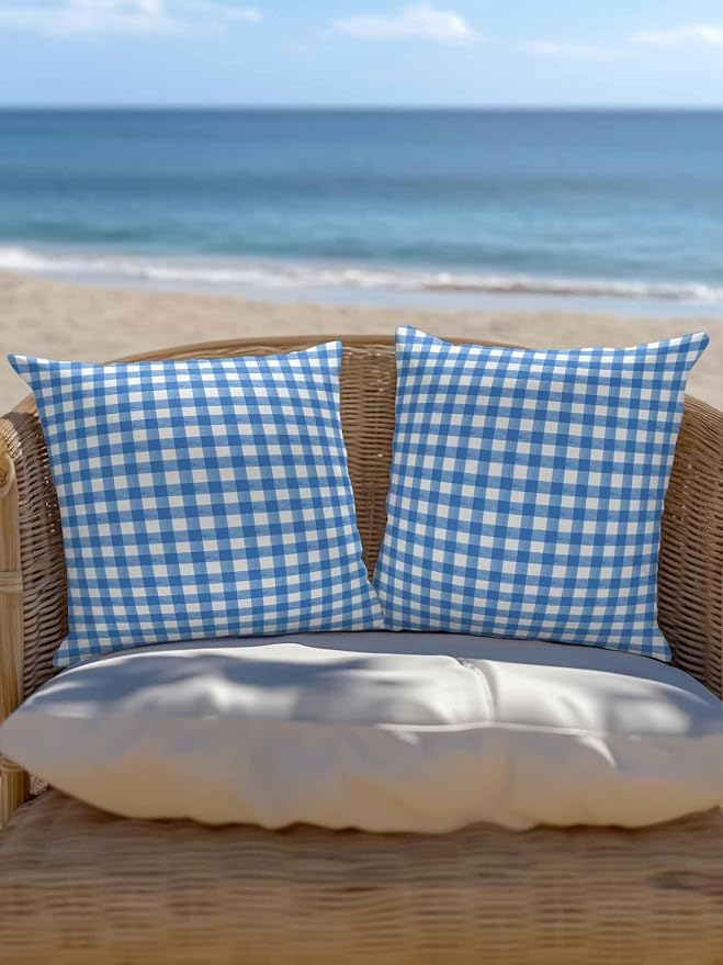 Outdoor Waterproof Throw Pillows Light Blue Gingham Check Patio Pillows Pack of 2,Decorative Pillow Covers with Insert,Pillow Cushion Case for Garden Couch Sofa Country Classic Plaid