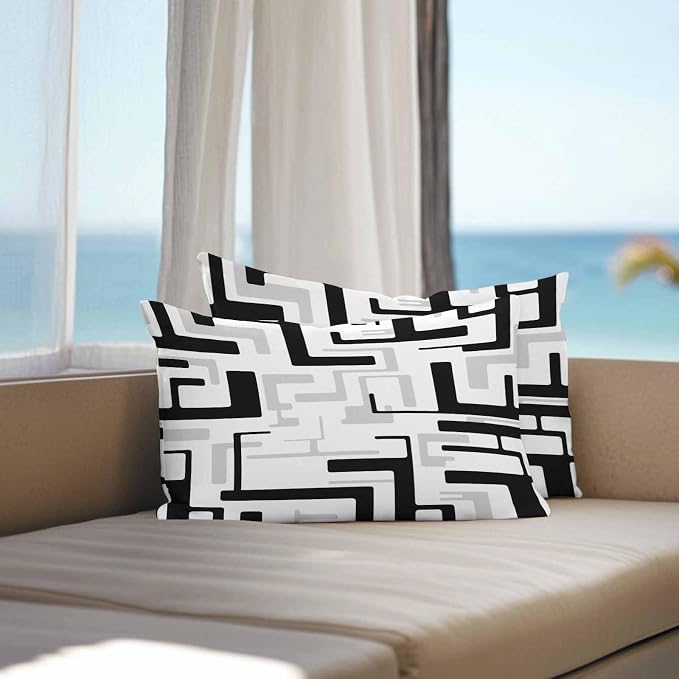 Vandarllin Outdoor Throw Pillows Covers 20x12 inch Set of 2 Waterproof Black Geometric Stripes Decorative Zippered Cushion Covers for Patio Furniture, Modern Abstract Lines Lumbar Pillowcases