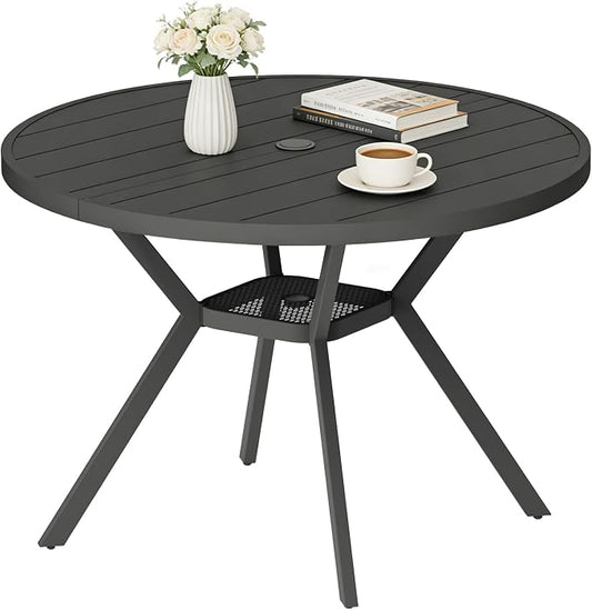 42" Outdoor Patio Table Dining Table All Weather Metal Round Patio Dining Table with Adjustable Umbrella Hole Patio Furniture for Lawn Garden Backyard, Black