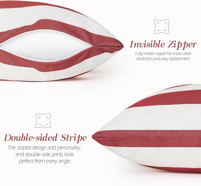 Lewondr 2 Pack Outdoor Throw Pillow Covers, 18"x18", Red + White | Square Stripe, Waterproof, For Outdoor Patio Porch Farmhouse Garden Balcony Couch, 45x45cm