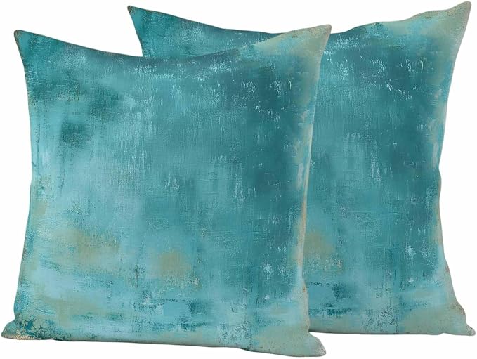 Teal Outdoor Waterproof Pillow Covers, Vintage Oil Painting Decorative Square Throw Pillowcase, Modern Abstract Art Sofa Cushion Sham for Patio/Couch/Chair, 24"x24" 2 Pack