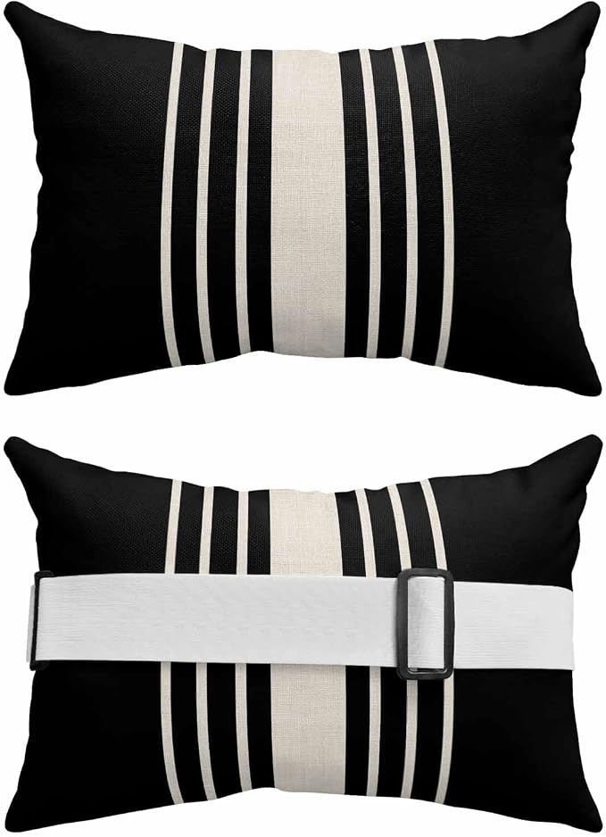 Pack of 2 Outdoor Lumbar Pillow Covers 12x20 Inch, Black Beige Striped Waterproof Throw Pillow Covers Set, Modern Farmhouse Retro Lines Indoor&Outdoor Decorative Cushion Cases for Patio Porch Beach