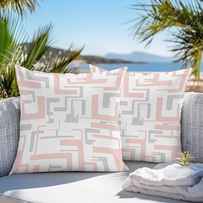 Vandarllin Outdoor Throw Pillows Covers 26x26 inch Set of 2 Waterproof Pink Geometric Stripes Decorative Zippered Cushion Covers for Patio Furniture, Modern Abstract Lines Lumbar Pillowcases