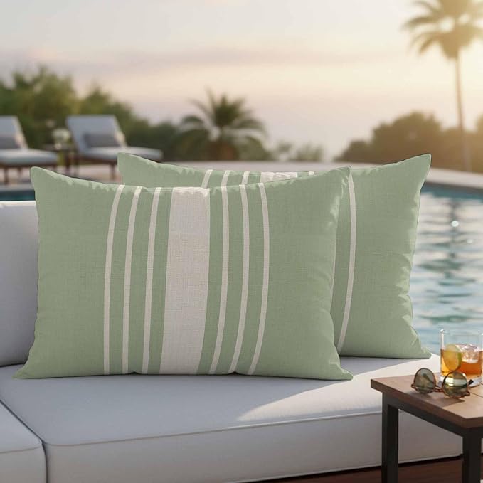 Lumbar Pillow Covers 20x12 Inch Set of 2, Sage Green Beige Striped Waterproof Outdoor Cushion Covers, Modern Farmhouse Retro Lines Decorative Pillowcases for Couch, Sofa, Bed, Garden, Patio