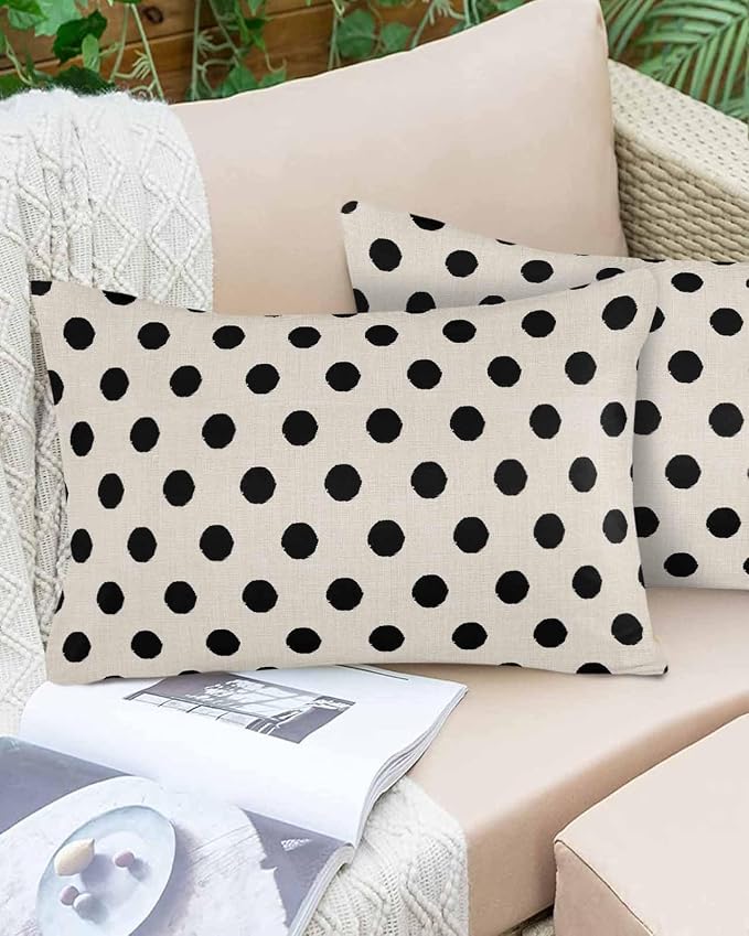 Outdoor Waterproof Throw Pillow Covers Set of 2 Black White Polka Dots Lumbar Pillowcases 20x12 Inches Cute Solid Color Linen Decorative Pillows Cushion Case Patio Pillows for Couch Bed Chair Garden