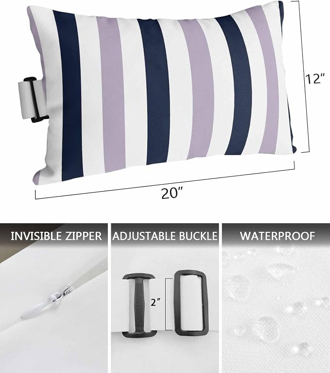 Pack of 2 Outdoor Lumbar Pillow Covers 12x20 Inch, Purple Navy Blue Striped Waterproof Throw Pillow Covers Set, Farmhouse Stripe Art Indoor&Outdoor Decorative Cushion Cases for Patio Porch Beach