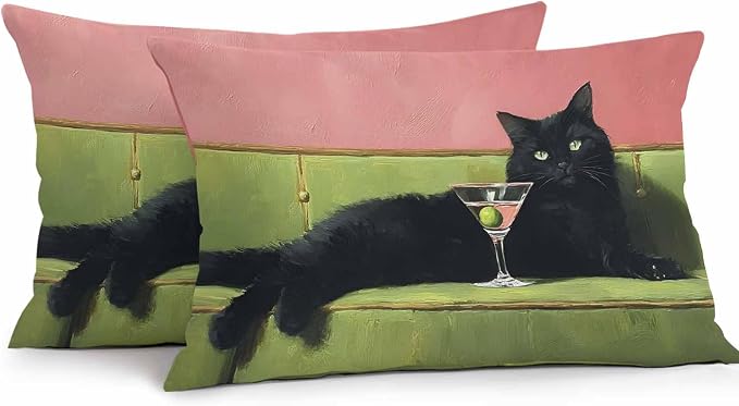Funny Cat Outdoor Pillow Covers 20x12 Inch Lumbar Pillow Covers Set of 2 Waterproof Decorative Throw Pillow Cases Vintage Wine Animals Green Pink Cushion Covers for Patio Furniture Garden Couch