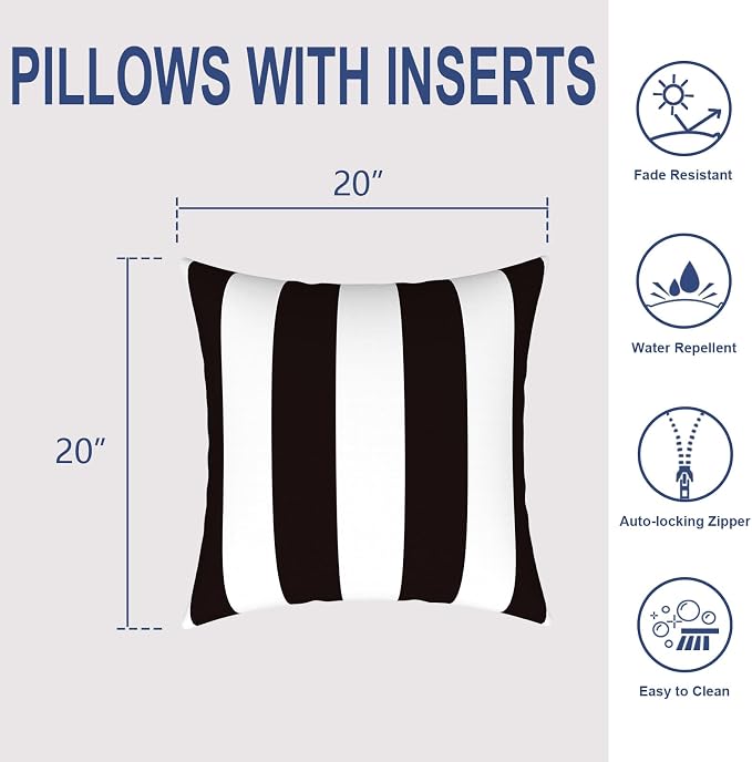 Outdoor 20x20 Inch Throw Pillows with Inners, Square Pillows Decorative Set of 2 for Home Garden Furniture, Cabana Black