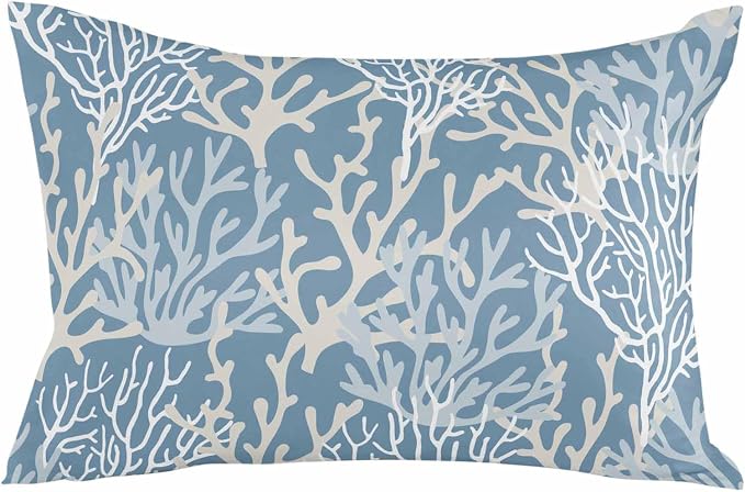 Pack of 2 Outdoor Pillow Covers 20x12 Waterproof Blue Coral Coastal Throw Pillow Covers, Decorative Pillowcases Nautical Ocean Marine Organism Cushion Covers for Patio Garden Couch Pillow Case
