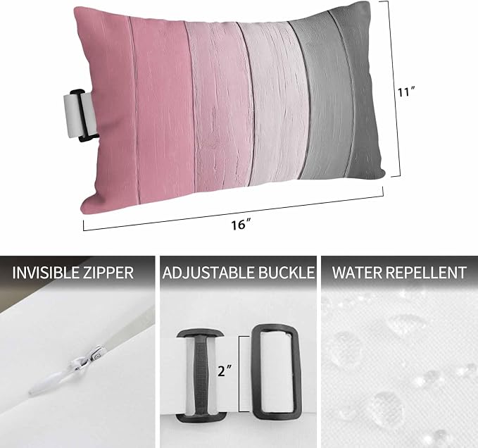 Pink Gray Ombre Outdoor Pillows for Chaise Lounge Chair Waterproof Lumbar Pillows with Insert&Adjustable Strap Beach Headrest Pillow Vintage Country Wooden Recliner Neck Pillow for Patio Pool 11"x16"