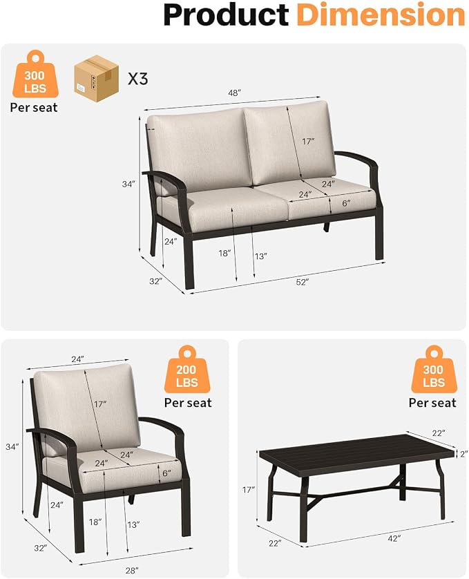4-Piece Outdoor Sofa Set, Never Rusts Aluminum Patio Sofa Set with Coffee Table, Patio Furniture Set Outdoor Conversation Set with Removable Cushions for Patio, Backyard, Porch, Dark Bronze