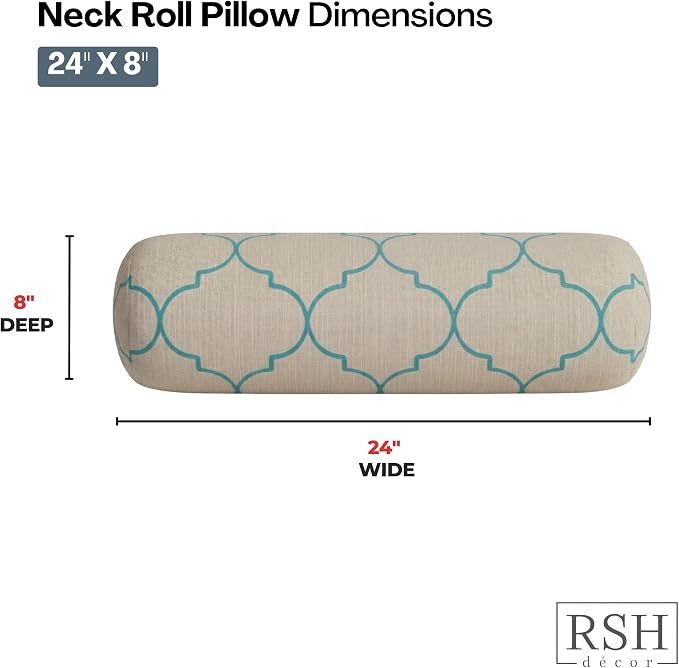 RSH DECOR: Sunbrella Neck Roll Pillows Set of 2 | 24” x 8” | Outdoor Bolster for Patio, Deck, Porch, or Poolside Chairs | Fade & Water-Resistant | Made in USA (Trellis Geo II Mist)
