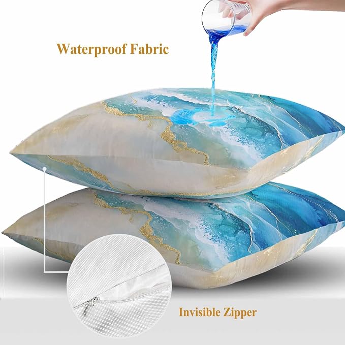 Abstract Waves Outdoor Waterproof Throw Pillow Covers Set of 2, 26"x26", Surrealism Spray Beach Ocean Watercolor Decorative Pillow Covers Outside Cushion Case for Patio Porch Garden