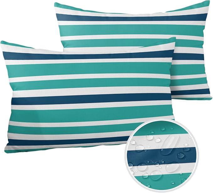 Outdoor Waterproof Lumbar Throw Pillow Covers Set of 2 Navy Blue Turquoise Stripes Decorative Outdoor Pillows Cushion Case 20x12 Inch Teal Striped Patio Pillows for Couch Sofa Bed Garden Home Decor
