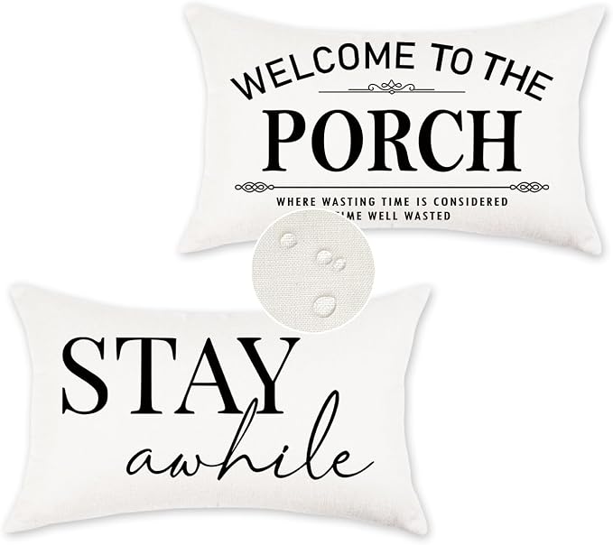 Welcome to Our Porch Stay Awhile Waterproof Outdoor Pillow Covers 12x20 Set of 2 Farmhouse Patio Furniture Decorations for Outside Garden Decor