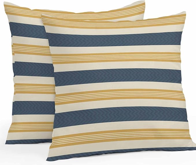 Vandarllin Outdoor Throw Pillows Covers 18x18 inch Set of 2 Waterproof Navy Blue Stripes Lines Decorative Zippered Cushion Covers for Patio Furniture, Yellow Classic Striped Lumbar Pillowcases