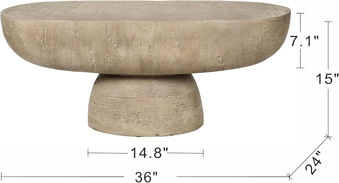 36" Faux Stone Coffee Table for Living Room Oval Coffee Table for Indoor or Outdoor, Modern Travertine Concrete Pattern Center Tables Side Tables, Magnesium Oxide, No Assembly,Cream