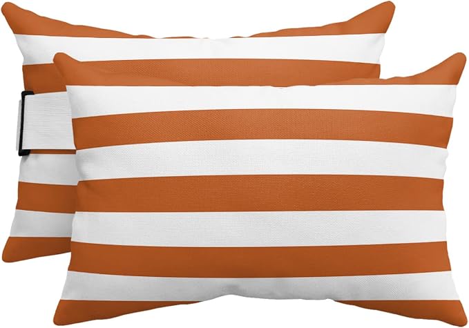 T&H XHome Outdoor Pillow for Chaise Lounge Chair, Orange White Stripe Waterproof Headrest Pillow Lumbar Pillows with Adjustable Elastic Strap for Beach, Poolside, Patio, Office (2 Pack)