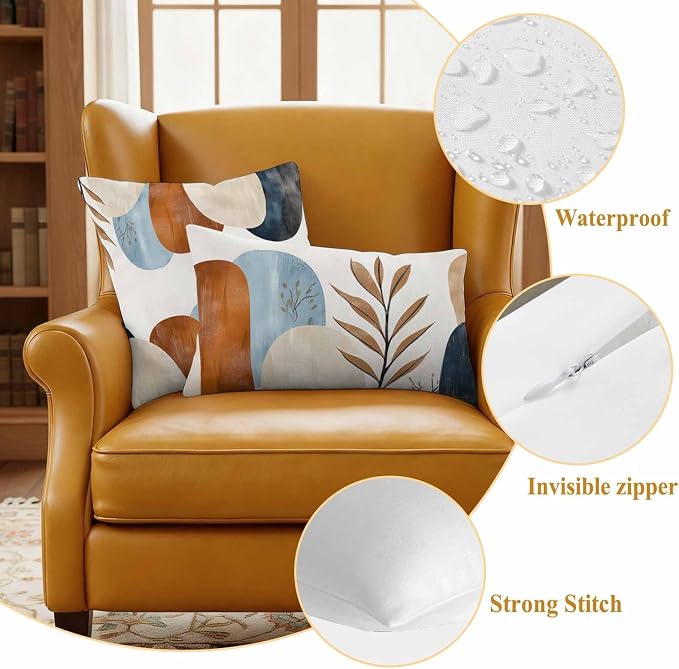 Bohemian Nordic Outdoor Waterproof Throw Pillow Covers Set of 2, 16"x16", Simple Colorful Abstract Leaves Decorative Pillow Covers Outside Cushion Case for Patio Porch Garden