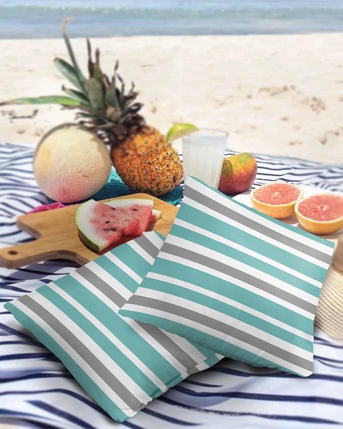 Outdoor Waterproof Throw Pillow Covers Set of 2 Grey Teal Stripes Decorative Outdoor Pillows Cushion Case 26x26 Inch Classic Striped Patio Pillows for Couch Sofa Bed Garden Office Home Decor