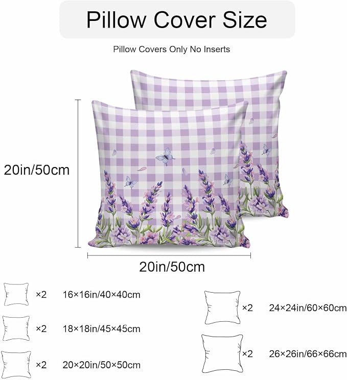 Vandarllin Outdoor Throw Pillows Covers 18x18 inch Set of 2 Waterproof Purple Lavender Flower Decorative Zippered Cushion Covers for Patio Furniture, Butterfly Buffalo Plaid Lumbar Pillowcases