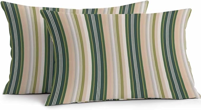 Green Brown Striped Outdoor Pillow Covers 20x12 Inch Lumbar Pillow Covers Set of 2 Waterproof Decorative Throw Pillow Cases Modern Stripes Art Farmhouse Cushion Covers for Patio Furniture Garden Couch