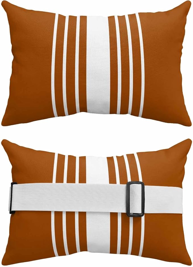 Pack of 2 Outdoor Lumbar Pillow Covers 11x16 Inch, Burnt Orange White Stripe Waterproof Throw Pillow Covers Set, Modern Rustic Vertical Striped Indoor&Outdoor Cushion Cases for Patio Porch Beach