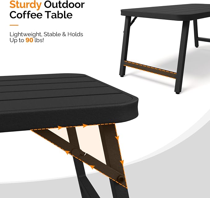 VINGLI Outdoor Folding Coffee Table, Rectangle Drainable Iron Patio Table for Balcony, Porch, and Living Room, Black