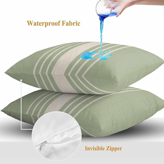 Throw Pillow Covers 24x24 Inch Set of 2, Sage Green Beige Striped Waterproof Outdoor Cushion Covers, Modern Farmhouse Retro Lines Decorative Pillowcases for Couch, Sofa, Bed, Garden, Patio