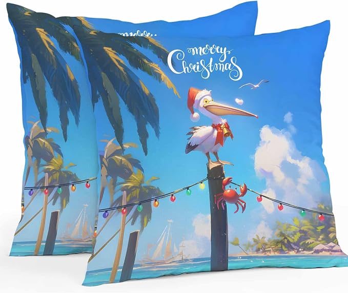 Vandarllin Christmas Outdoor Throw Pillows Covers 20x20 inch Set of 2 Waterproof Pelican Crab Decorative Zippered Cushion Covers for Patio Furniture, Palm Trees Beach Blue Sky Lumbar Pillowcases