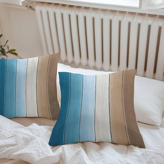 Throw Pillow Covers 26x26 Inch Set of 2, Blue Brown Ombre Waterproof Outdoor Cushion Covers, Vintage Country Wooden Decorative Pillowcases for Couch, Sofa, Bed, Garden, Patio