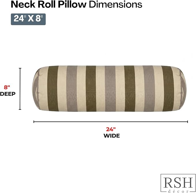RSH DECOR: Sunbrella Neck Roll Pillows Set of 2 | 24” x 8” | Outdoor Bolster for Patio, Deck, Porch, or Poolside Chairs | Fade & Water-Resistant | Made in USA (Portico Sparrow)