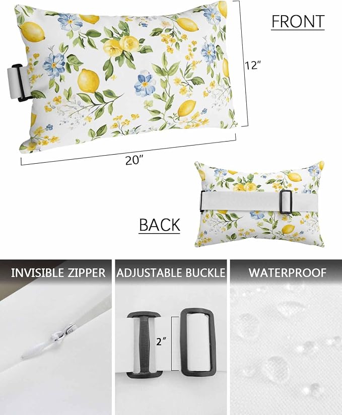 Chaise Lounge Head Pillows,Country Yellow Lemon Green Leaf Outdoor Waterproof Patio Throw Pillows Farmhouse Fruit Flower Plant Lumbar Pillow for Patio Beach Pool