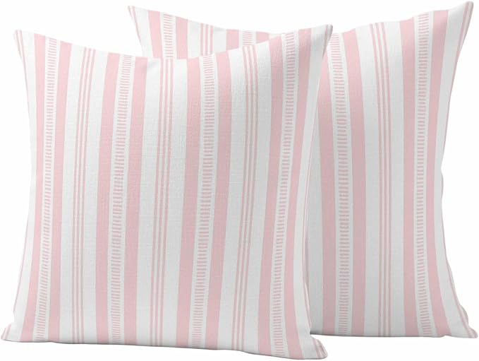 Pink Striped Outdoor Waterproof Pillow Covers, Farmhouse Stripes Modern Geometric Decorative Square Throw Pillowcase Sofa Cushion Sham for Patio/Couch/Chair, 18"x18" 2 Pack