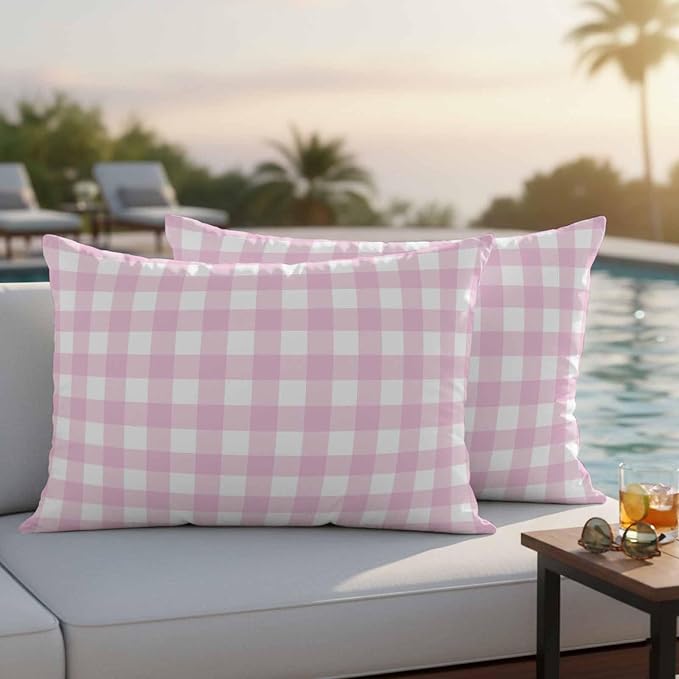 Light Pink Checks Outdoor Pillow Covers 20"x12" Set of 2, Gingham Plaid Abstract Modern Minimalist Waterproof Throw Pillow Covers for Patio Furniture, Decorative Cushion Covers for Porch