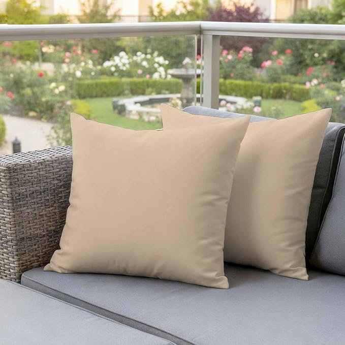 Outdoor Pillow Covers 16 x 16 Inches, Khaki Solid Color Waterproof Throw Pillow Cover Set of 2, Aesthetics Contemporary Luxury Decorative Square Cushion Covers for Patio/Couch/Garden