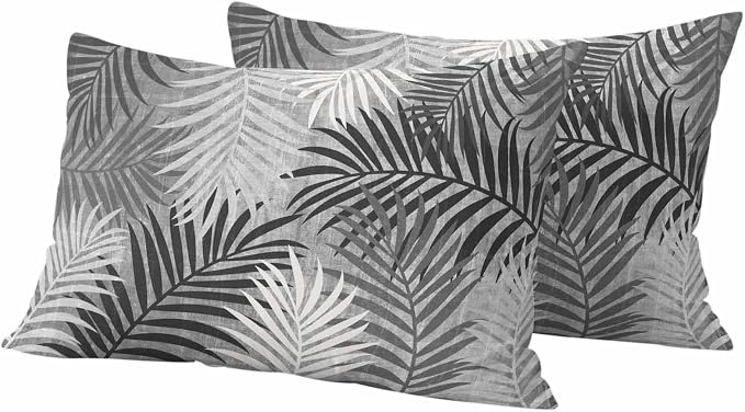 Outdoor Waterproof Throw Pillow Covers, Grey Palm Leaves Decorative Pillow Cases, Summer Botanical Tropical Leaf Couch Pillow Protector Patio Sofa Cushion Covers Replacement 20"x12" 2 Pack