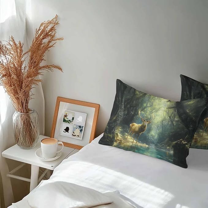 Green Forest Deer Waterproof Outdoor Pillow Covers Set of 2 Home Decor, Fantasy Vintage Nature Scenery Pillowcase Patio Pillow Covers for Couch Bench Furniture Garden 20x12in