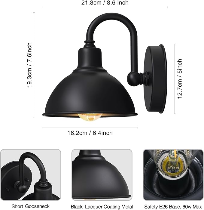 Barn Light Gooseneck Light, Small Farmhouse Outdoor Lighting | Black, 1-Light Outdoor Gooseneck Lighting, Farmhouse Wall Sconce, For Patio Porch Garage, 6.4" Diameter, 1pc, E26 Base