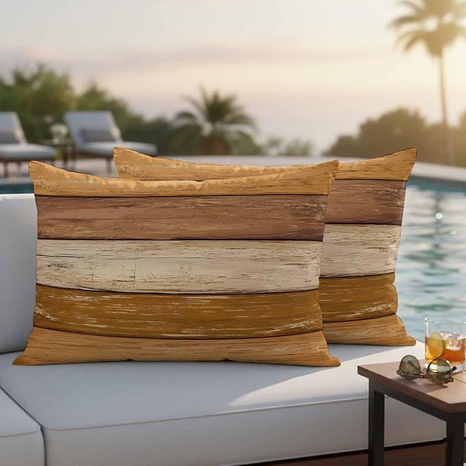 Farmhouse Yellow Brown Outdoor Waterproof Pillow Covers, Vintage Wooden Striped Decorative Rectangle Throw Pillowcase Sofa Cushion Sham for Patio/Couch/Chair, 20"x12" 2 Pack