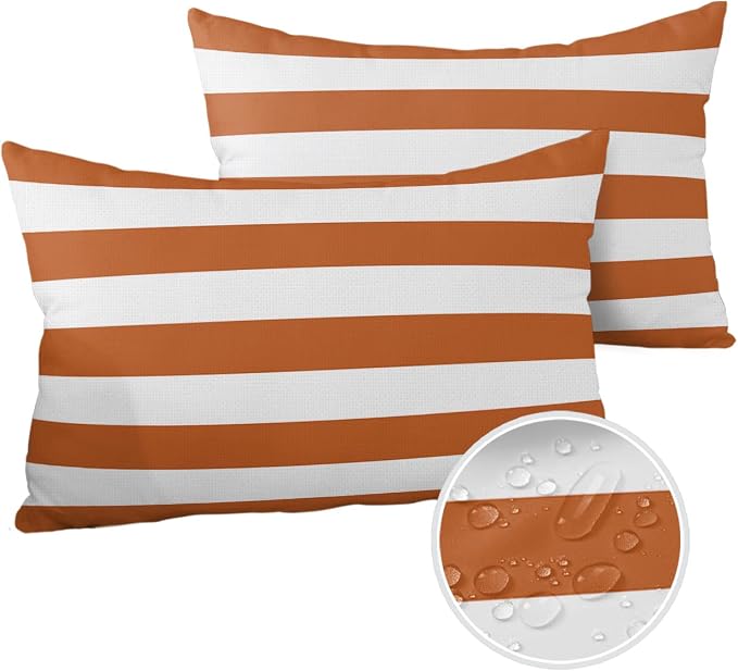 Outdoor Pillows 20x12 Waterproof Outdoor Pillow Covers Orange White Stripes Polyester Throw Pillow Covers Garden Cushion Decorative Case for Patio Couch Decoration Set of 2 Geometric